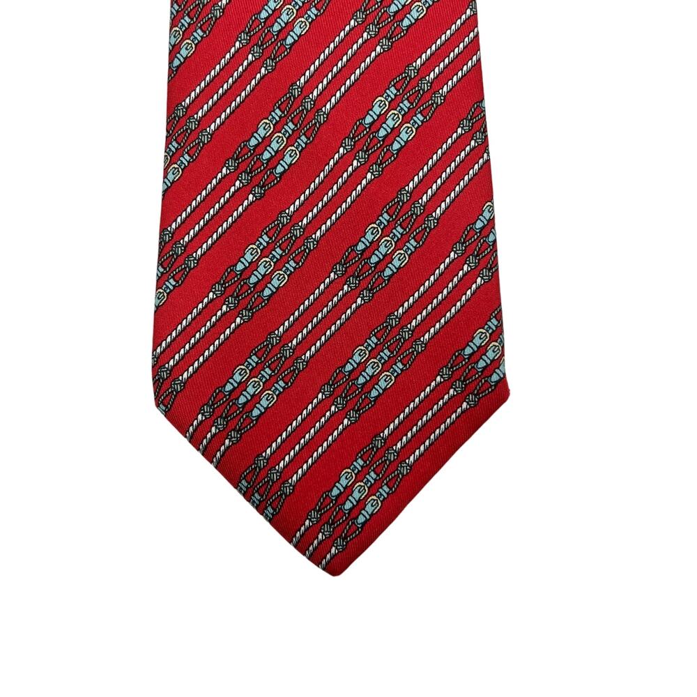 Hermes Silk Tie Buckle & Rope Motif Printed Stripes Red